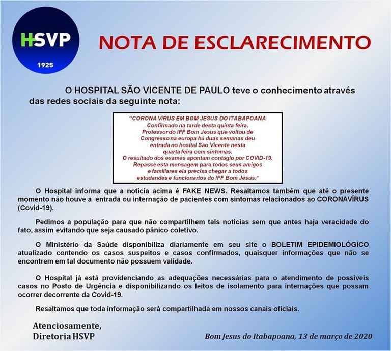 Comunicado Hospital São Vicente de Paulo