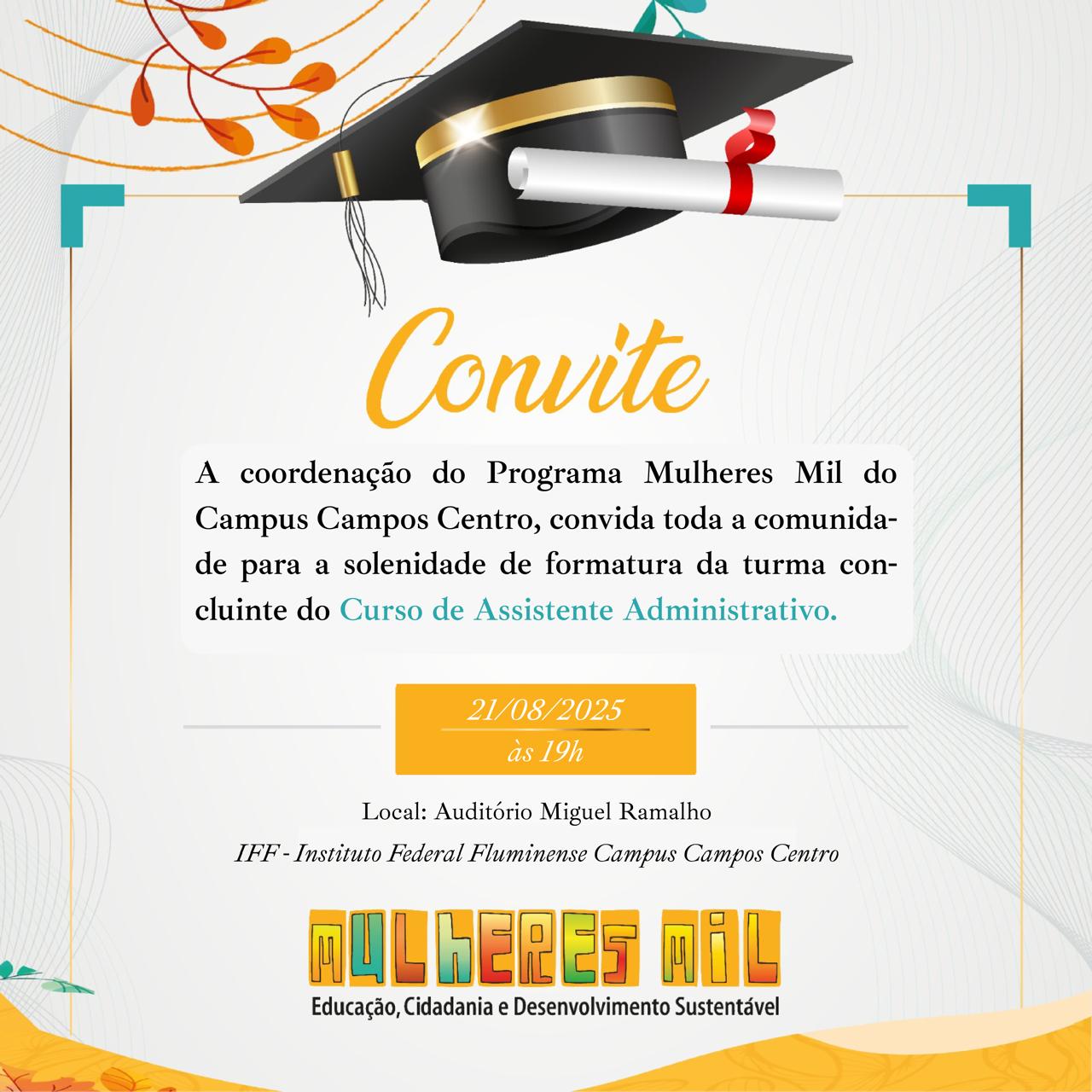 Convite de formatura da turma do Curso de Assistente Administrativo