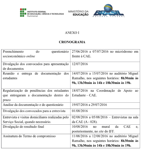 Cronograma da concessão de bolsas previsto no edital nº 09/2016