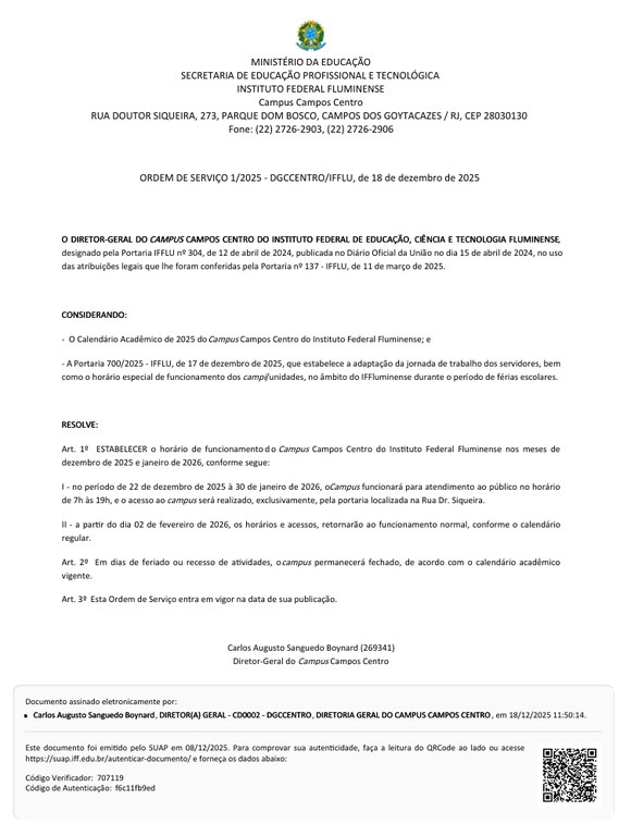 Ordem de Serviço sobre expediente no IFF Campos Centro