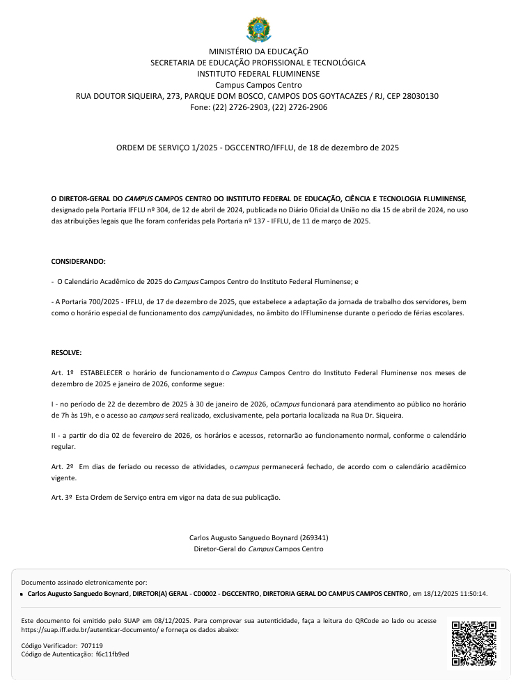 Ordem de Serviço sobre expediente no IFF Campos Centro