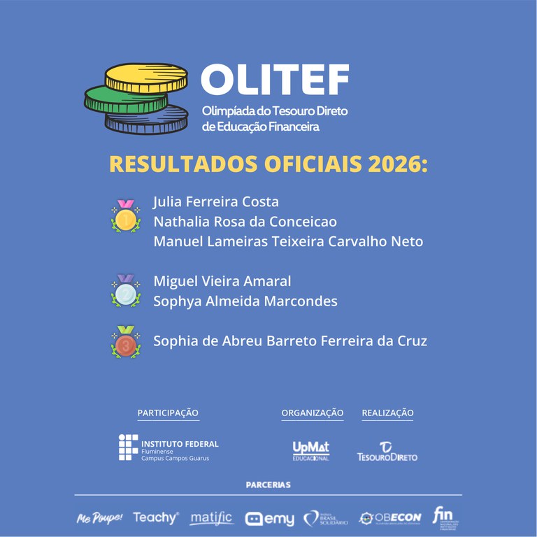 Estudantes do IFF Campus Campos Guarus conquistam seis medalhas na Olimpíada do Tesouro Direto de Educação Financeira