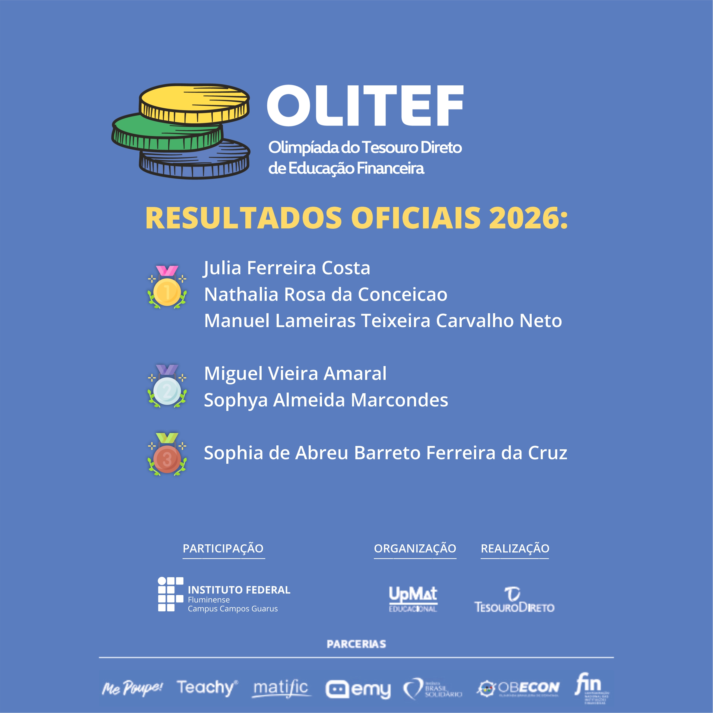 Estudantes do IFF Campus Campos Guarus conquistam seis medalhas na Olimpíada do Tesouro Direto de Educação Financeira