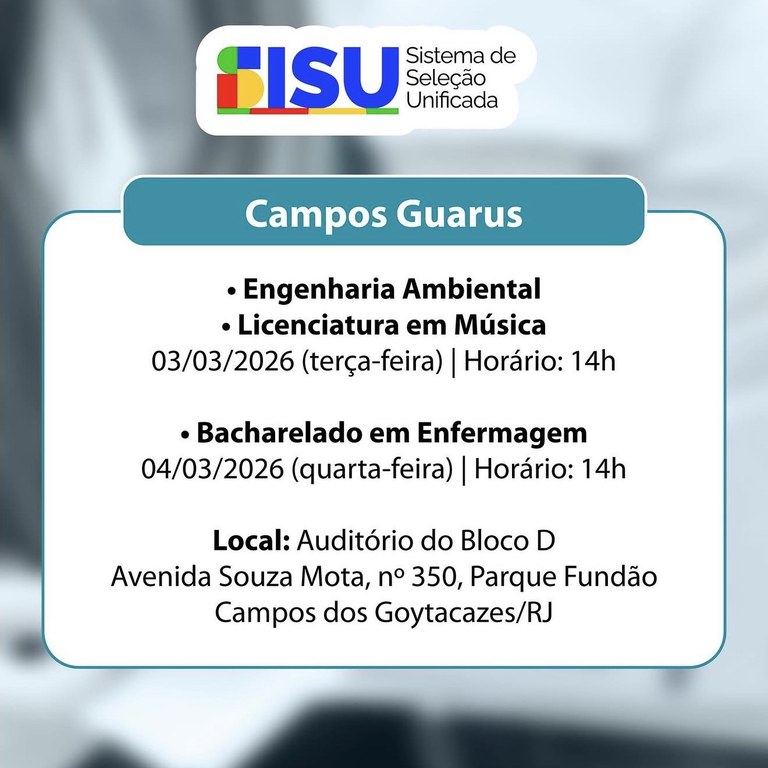 IFF Guarus realizará matrículas presenciais para vagas remanescentes do Sisu 2026