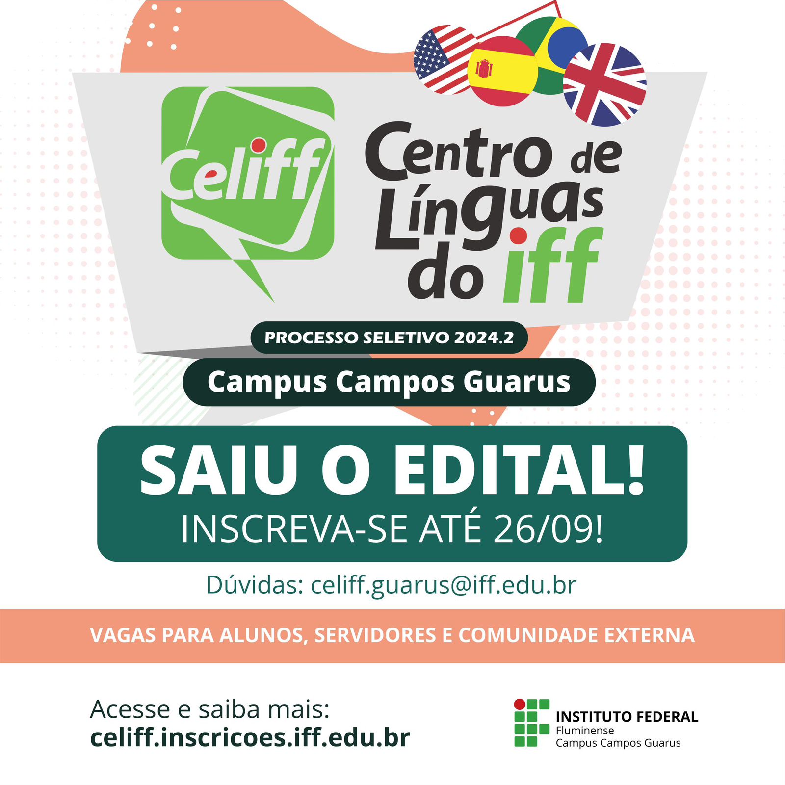 Inscrições abertas para cursos gratuitos de Inglês e Espanhol no IFF Guarus