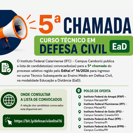 5ª chamada para o curso Técnico em Defesa Civil EaD