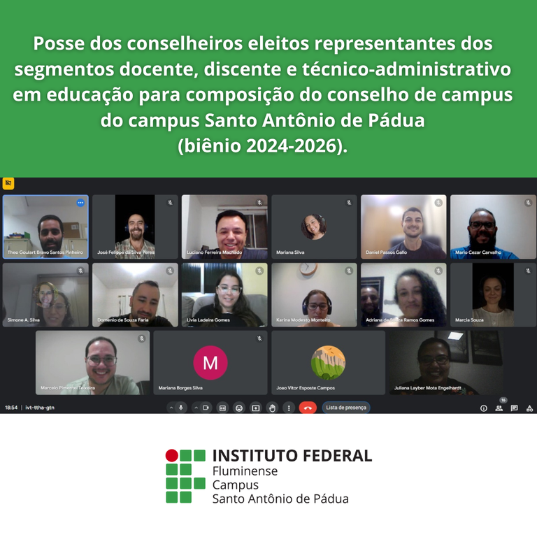 Posse dos conselheiros eleitos representantes dos segmentos docente, discente e técnico-administrativo em educação para composição do conselho de campus do IFF Pádua (biênio 2024-2026).